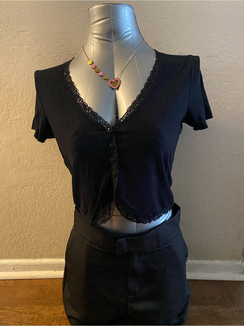 Cotton On Black Lace-Trim Ribbed Button Crop Top